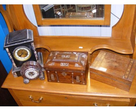 A slate and marble mantel clock, together with a desk barometer and two decorative boxes 