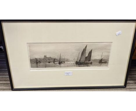 WILLIAM WYLLIE - etching of coastal fishing scene - 13cm x 38cm