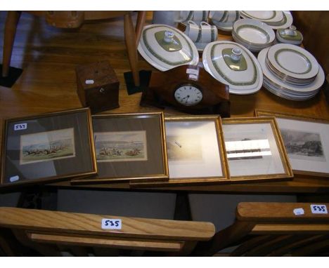 A mahogany mantel clock, together with small lock box and framed and glazed engravings 