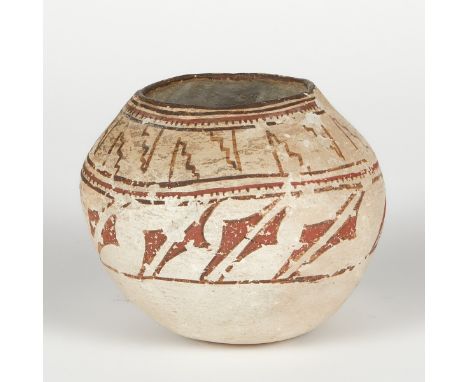 Early Zuni kiapkwa ceramic storage jar with geometric polychrome decoration throughout. Likely mid 19th century.Height: 6 3/4