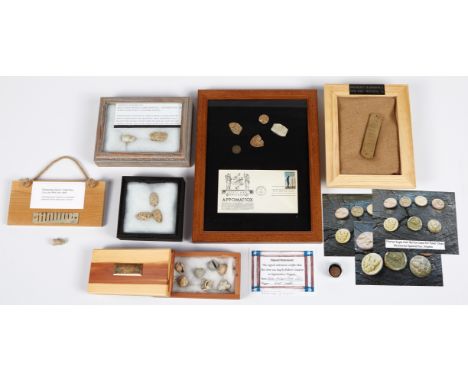 Group of Civil War Objects including harmonica reeds, Union Eagle coat button, lead bullets (some chewed), and other lead art