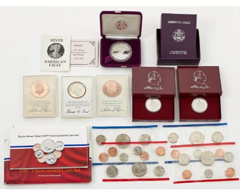 Group of commemorative American coins including: four sets of 1987 uncirculated coins including D and P mint marks with the o