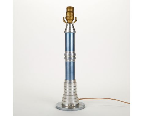 Speedway Machine Age lamp, with a tiered design in chrome and blue. Marked along the underside "Speedway, 2479 Fletcher Dr., 