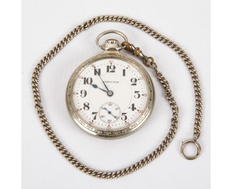 Hamilton 992 21J 14K gold filled pocket watch with chain. Numbered 2309893 along the movement.Face; diameter: 50 mm Chain; Le