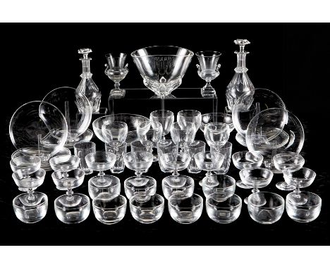 Large group of Steuben glassware including: 24 finger bowls--12 of which are in a custom storage box--two chalices, two decan