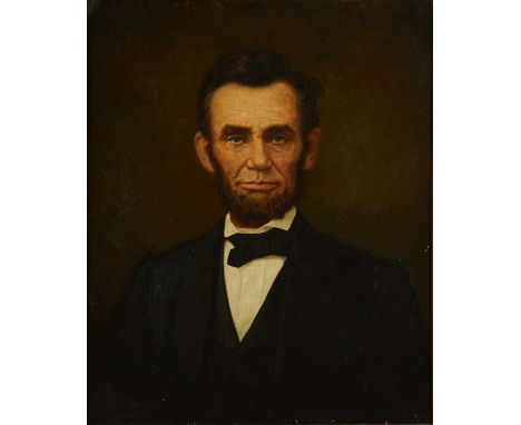 After Alexander Gardner (American, 1821-1882). Oil on canvas portrait of Abraham Lincoln, after Gardner's famous photograph o
