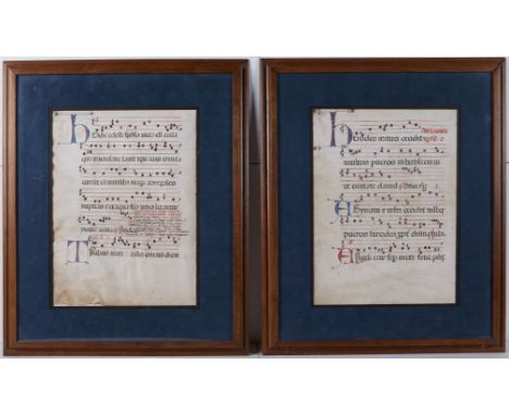 Pair of framed illuminated manuscript pages from a Latin hymnal. Inscribed with black, red, and blue inks on vellum.(Each) Si