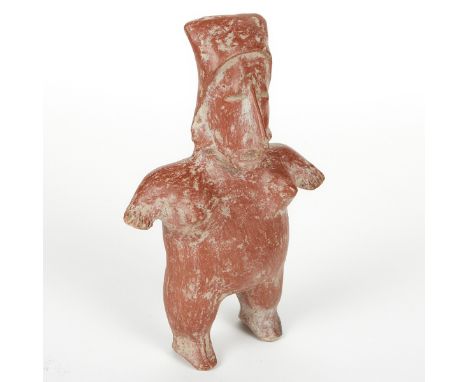 Pre-Columbian Jalisco ceramic figure of a standing woman, posed with her feet planted and her arms outstretched. Retains much