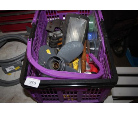 A plastic box containing tools; a propeller etc.