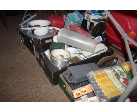 Three boxes of various sundry items to include planters, a petrol can, enamel chamberpot etc.