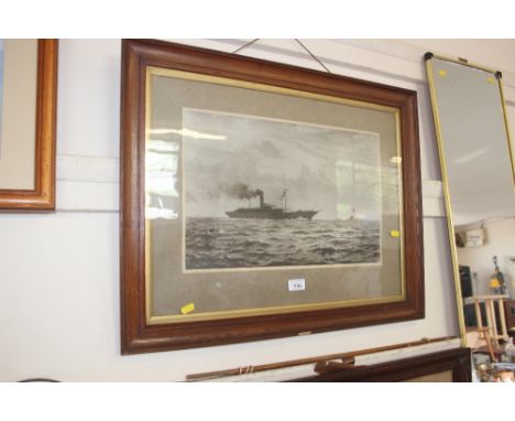 An oak framed black and white print depicting H.M.S. Liberty by Norman Wilkinson
