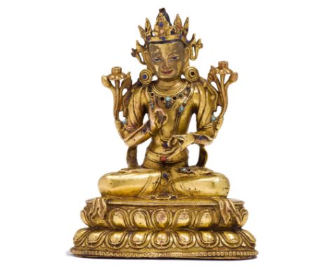 MANJUSHRI.Tibetochinesisch, Yuan-Dynastie, frühes 14. Jh. H 17 cm.Feuervergoldete Kupferlegierung, der Kopf mit Resten von ri
