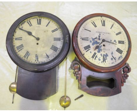 Two Victorian mahogany drop dial wall timepieces 
The first with a 30cm white dial signed Honeybone with Roman numerals the f