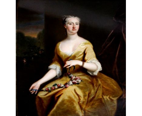 Style of Thomas Hudson (English 1701-1779) 'Portrait of a Seated Lady Holding a Garland of Flowers'
Oil on canvas, approx 120