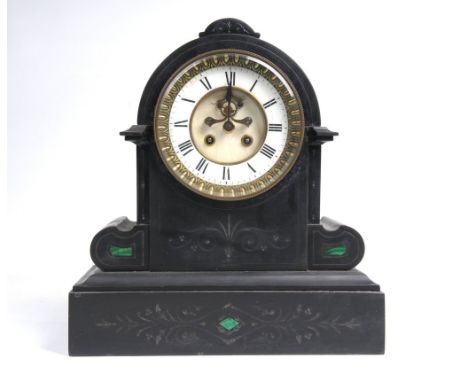 A Victorian slate noire and malachite mantel clock.  With a 12cm white dial with Roman numerals, visible Brocot escapement, t