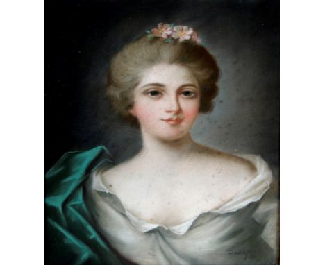 David (French, 19th Century) - 'Portrait of a young lady wearing a white dress with flowers in her hair'
Pastel, signed, bear