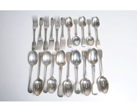 A composite collection of Victorian and later silver flatware
Comprising a set of six fiddle pattern dinner forks with monogr