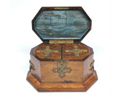 A good Victorian walnut gilt metal and jasper tea caddy
The hexagonal domed top with a gilt brass and engraved strap work ova