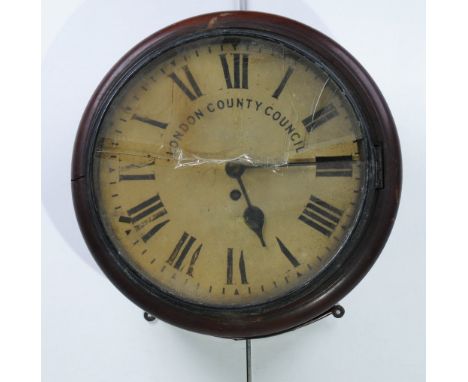 A Victorian mahogany wall cased dial timepiece
Signed London County Council, with Roman numerals, the single train fusee and 