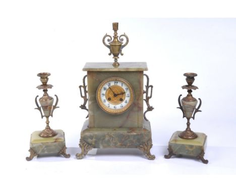 A French variegated onyx clock garniture. The  mantel clock with a 9.5cm dial with Arabic numerals, blued hands, the centre w