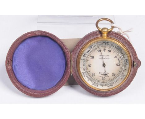 A Morocco leather cased aneroid pocket barometer
Signed Short and Mason London with a gilt brass pocket watch style case, 23-