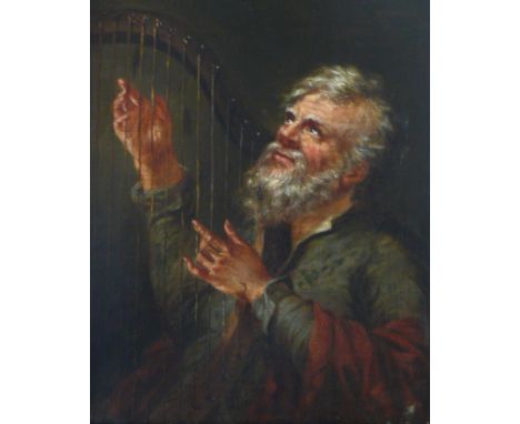 19th Century British School 'Man Playing a Harp'
Oil on canvas, approx 31x26cm, framed. 