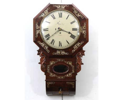 A 19th century rosewood and Mother of pearl inlaid drop dial wall timepiece
With a 30cm white painted convex dial signed J Fi