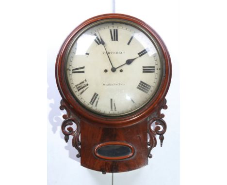 A Victorian mahogany drop-dial wall clock signed Carter & Co, Warrington.  With a 36cm white dial  with Roman numerals, blued