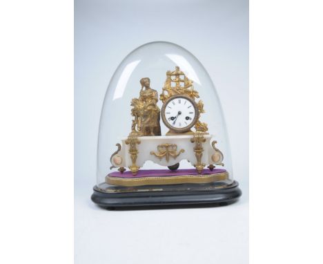 A French gilt metal and Alabaster figural mantlel clock
With an 8cm enamel dial with Roman numerals the two train movement wi