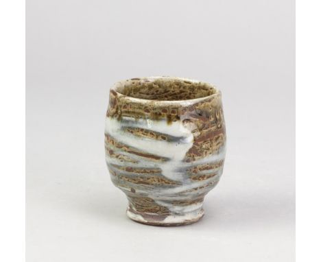 TIM LAKE (born 1974); a stoneware yunomi covered in green ash glaze with grey and white decoration, impressed mark (partially