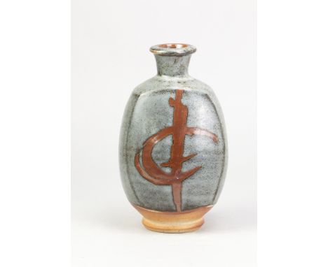 JOHN LEACH (1939-2021) for Muchelney Pottery; a flattened stoneware bottle covered in speckled blue/grey glaze with wax resis