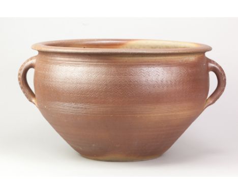 CHRIS LEWIS (born 1951) for South Heighton Pottery; a very large stoneware twin handled planter with impressed chevron decora