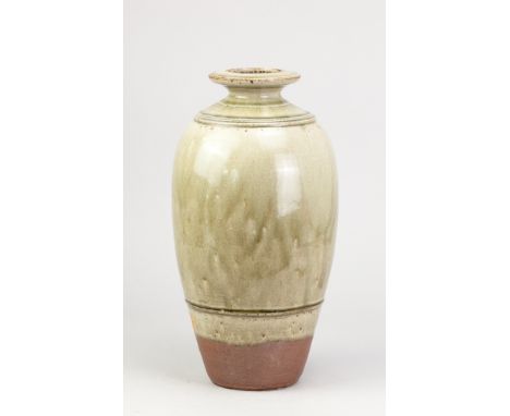 RICHARD BATTERHAM (1936-2021); a tall stoneware bottle covered in green ash glaze, height 36cm. (D)Provenance: Purchased from