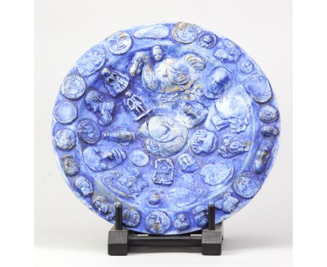 In the style of GRAYSON PERRY; 'Dodo', a large earthenware dish covered in cobalt and white glaze decorated with cameos of he