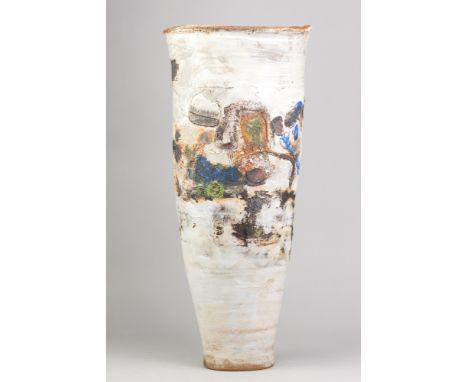 ROBIN WELCH (1936-2019); a monumental stoneware vessel squeezed to an oval at the rim covered in thickly brushed white glaze 