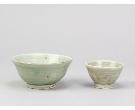 TREVOR CORSER (1938-2015) for Leach Pottery; a porcelain bowl covered in pale green glaze with incised decoration, impressed 