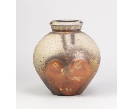 SVEND BAYER (born 1946); a wood fired stoneware jar, side fired on shells forming a heart shape, height 23cm. (D)Additional I