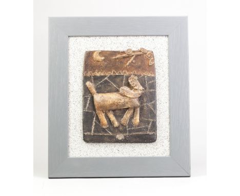 JOHN MALTBY (1936-2020); 'Walkies', a rectangular stoneware tile mounted on board, impressed M mark, inscribed title verso, 2