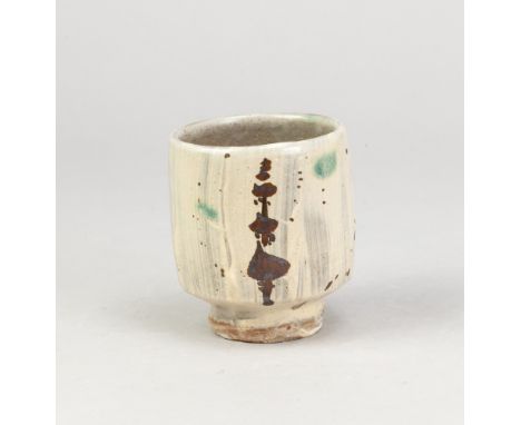 JIM MALONE (born 1946); a stoneware yunomi covered in hakeme glaze with iron decoration and copper green spots, impressed JM 