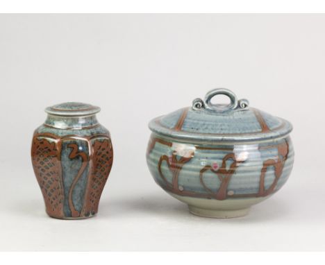DAVID FRITH (born 1943) for Brookhouse Pottery; a stoneware bowl and cover, blue/grey glaze with kaki decoration, impressed D