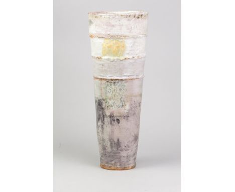 ROBIN WELCH (1936-2019); a tall tapered stoneware vessel with bands of pink, white and grey glaze with rectangular panels pic