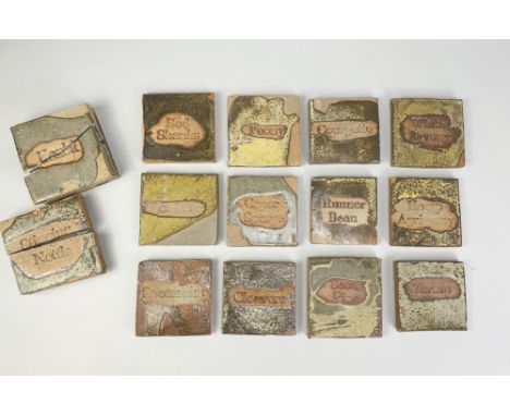 JOHN FURNIVAL (1933-2020); a collection of square stoneware tiles bearing the impressed names of various plants, 11 x 11cm (1