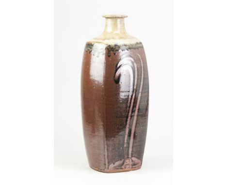 JIM MALONE (born 1946); a tall square stoneware bottle covered in tenmoku breaking to kaki glaze with finger wipe decoration 