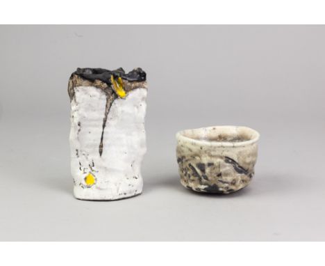 JEAN-PIERRE VIOT (born 1936); a raku chawan partially covered in white glaze with incised decoration, impressed JPV mark, dia