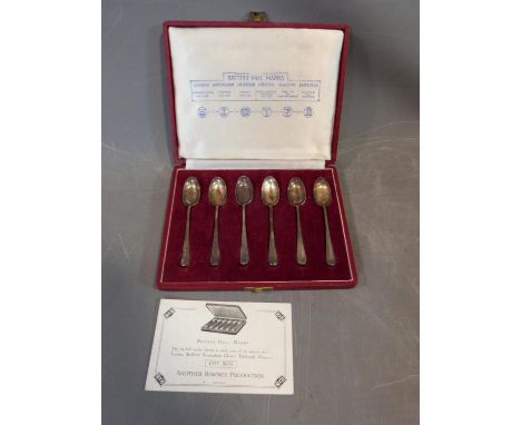 A cased set of British Hallmark silver spoons, each with a different town assay Mark, comes with  certificate. Makers mark R&