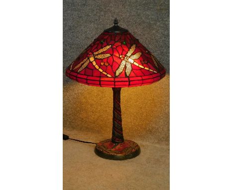 A Tiffany style table lamp with dragonfly decoration to shade and base. H.60cm 