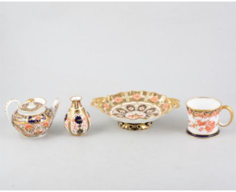 Royal Crown Derby, miniature tea caddy, Imari pattern, 4.5cm, miniature cup and saucer, mug, teapot, another mug, two dishes 