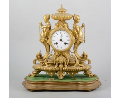 19th Century French gilt spelter mantel clock, circular enamelled dial (cracked), silk suspension, cylinder movement striking