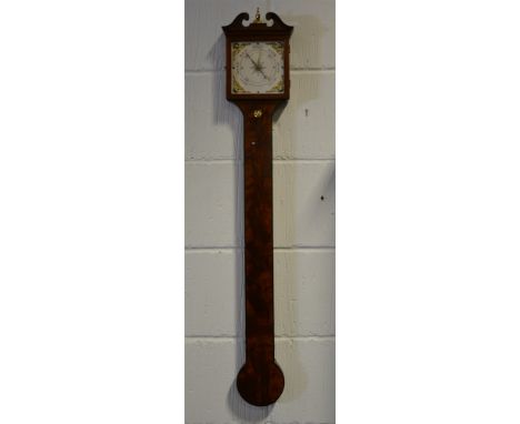 Mahogany stick barometer, swan neck pediment, ebony strung outlines, square silvered dial, 99cm.