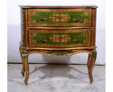 Venetian style carved and painted commode, serpentine top, two drawers, shaped apron, cabriole legs, width 80cm, depth 39cm, 